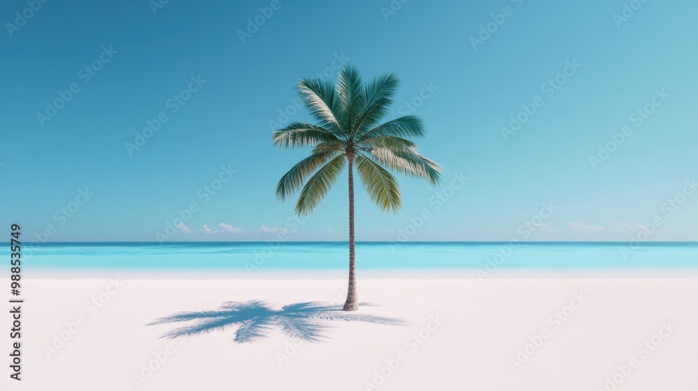 A solitary palm tree on a pristine white beach with a backdrop of clear blue ocean and sky, evoking tranquility and tropical vibes. A solitary palm tree on a pristine white beach with a backdrop of clear blue ocean and sky, evoking tranquility and tropical vibes.