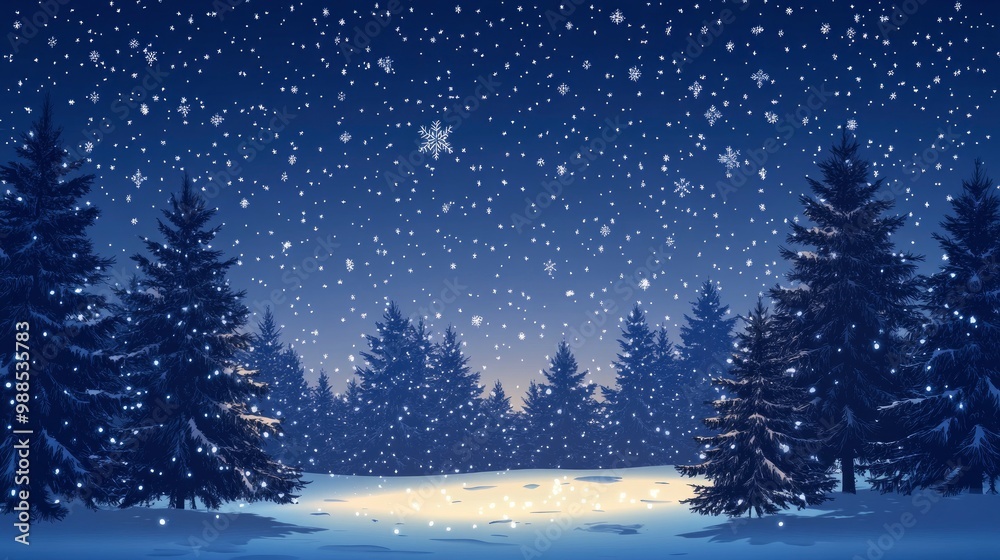 Christmas Background,Winter Night sky dark blue with starry,snowy in woodland landscape with firs,coniferous forest pine and falling snow,Vector with generative ai Christmas Background,Winter Night sky dark blue with starry,snowy in woodland landscape with firs,coniferous forest pine and falling snow,Vector with generative ai