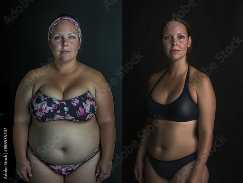 Two women are shown in bikini bottoms, one of whom is overweight