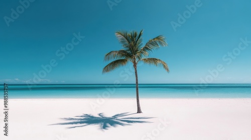 A solitary palm tree stands on a pristine beach with turquoise waters, creating a serene tropical paradise atmosphere.