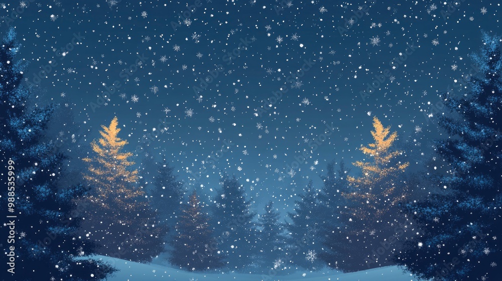 Naklejka premium Christmas Background,Winter Night sky dark blue with starry,snowy in woodland landscape with firs,coniferous forest pine and falling snow,Vector with generative ai