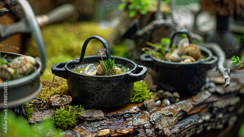 Miniature cast iron pots with New England clam chowder. Rustic lakeside cabin setting.  photo