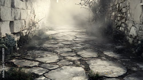 Foggy Stone Pathway Between Old Stone Walls photo