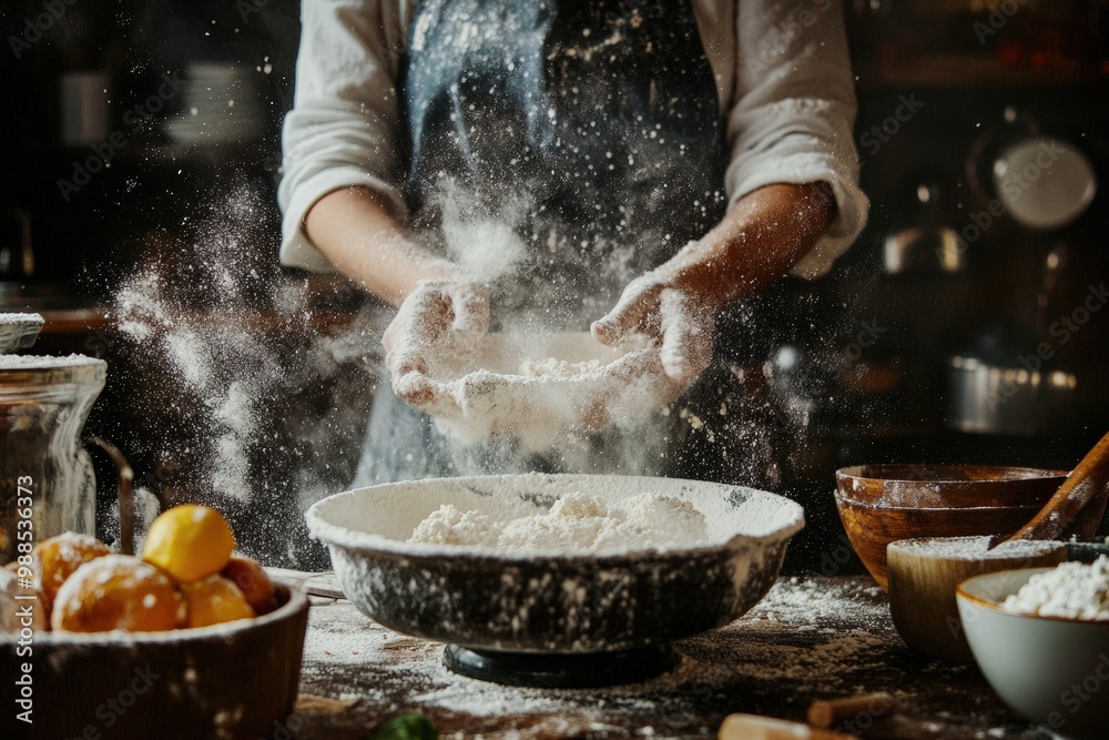 A person in a kitchen covered in flour, joyfully baking cookies or a cake A person in a kitchen covered in flour, joyfully baking cookies or a cake