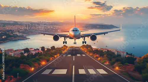 An airplane making a landing to the airport located near the sea. photo