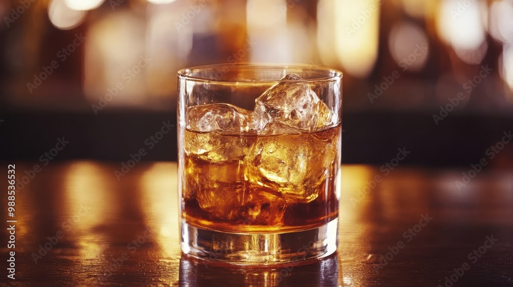 Whiskey with Ice on the Rocks, Isolated on Blurred Background in Atmospheric Bar Setting. Whiskey with Ice on the Rocks, Isolated on Blurred Background in Atmospheric Bar Setting.