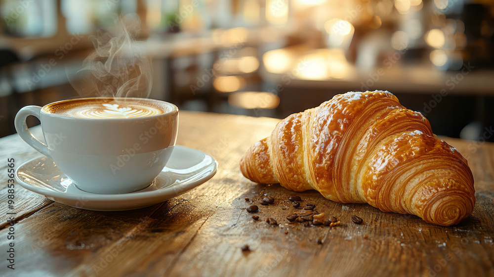 A steaming cup of coffee sits next to a golden croissant on a rustic wooden table in a cozy café, A steaming cup of coffee sits next to a golden croissant on a rustic wooden table in a cozy café,