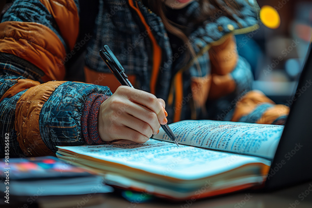 A close-up of a hand taking notes in a journal, with a laptop and textbooks open on the desk, A close-up of a hand taking notes in a journal, with a laptop and textbooks open on the desk,