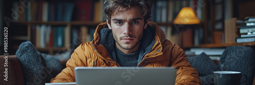 A student studying with an open laptop, writing down notes from a digital lecture,