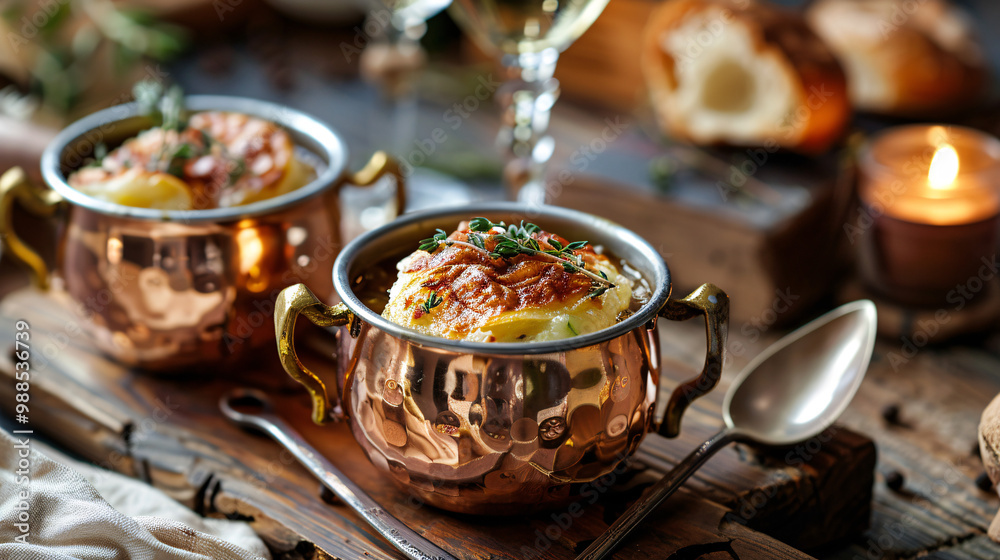 Miniature copper pots with French onion soup. Parisian cafe terrace setting. Miniature copper pots with French onion soup. Parisian cafe terrace setting.