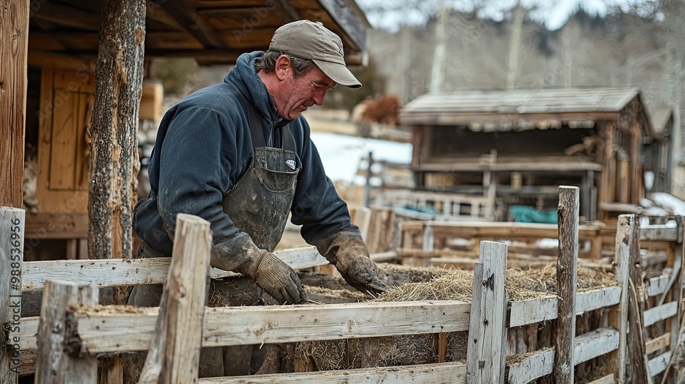 A Man in a Cap and Gloves Works on a Wooden Structure Filled with Hay