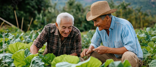 Two elderly men joyfully tending to their vegetable garden. Emphasizing friendship and sustainable farming practices in nature.