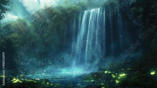 A mystical waterfall that flows upwards into the sky, defying gravity, with strange glowing plants growing around its base.