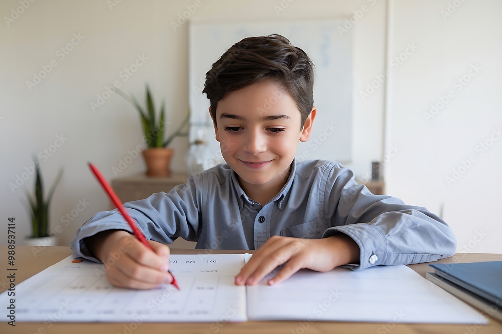 Smiling Boy Writing in Notebook Smiling Boy Writing in Notebook