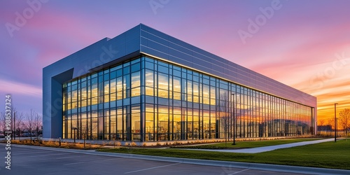 A modern industrial building complex at sunset.