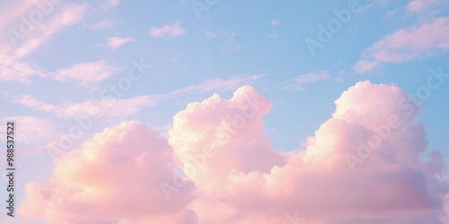 Fluffy pink clouds against a blue sky.