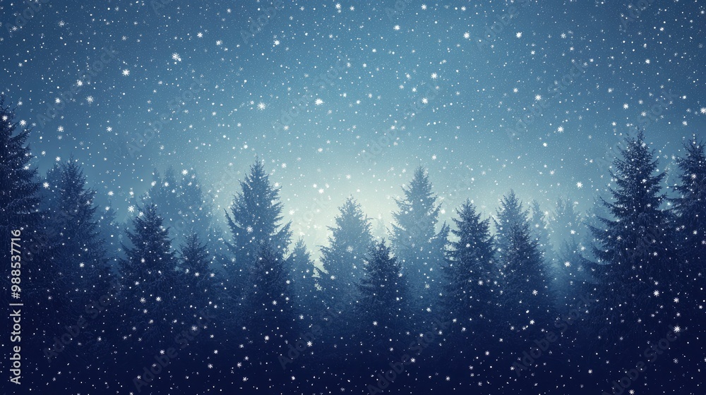 Naklejka premium Christmas Background,Winter Night sky dark blue with starry,snowy in woodland landscape with firs,coniferous forest pine and falling snow,Vector with generative ai