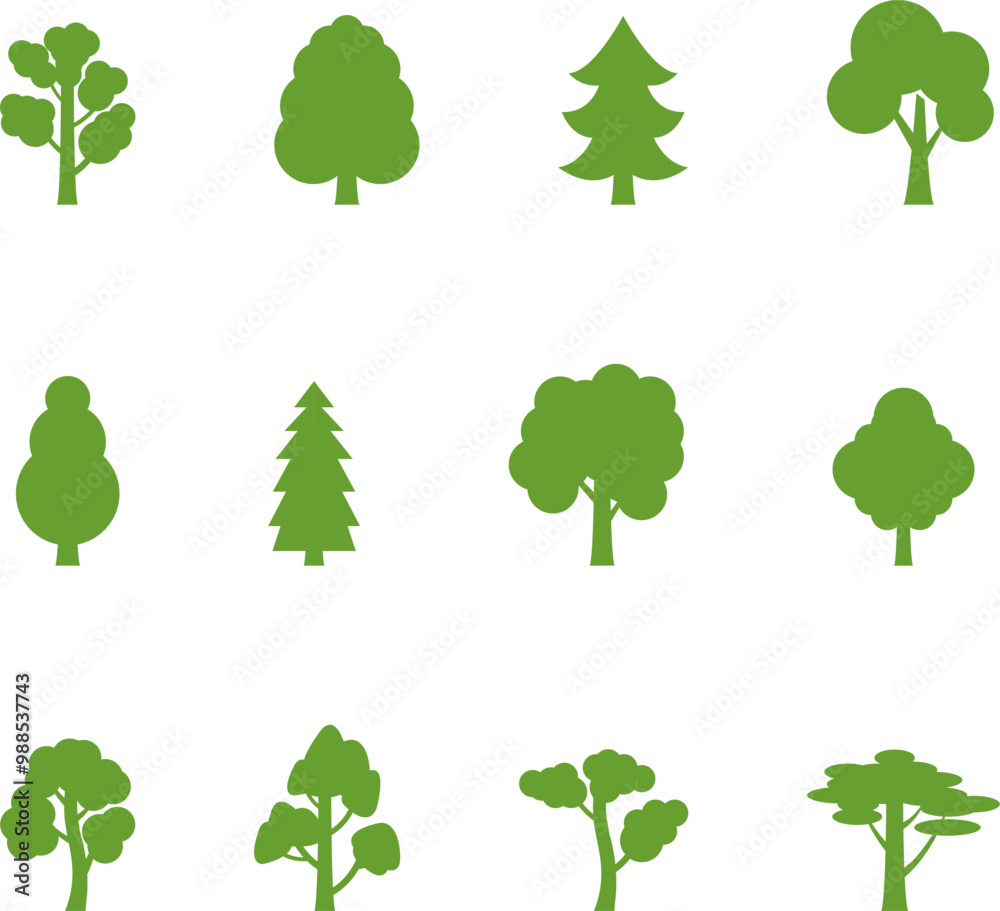 Tree icon, simple silhouettes. Flat trees set, pines, spruces, conifers and deciduous trees. Forest green tree nature plant isolated vector illustration Tree icon, simple silhouettes. Flat trees set, pines, spruces, conifers and deciduous trees. Forest green tree nature plant isolated vector illustration