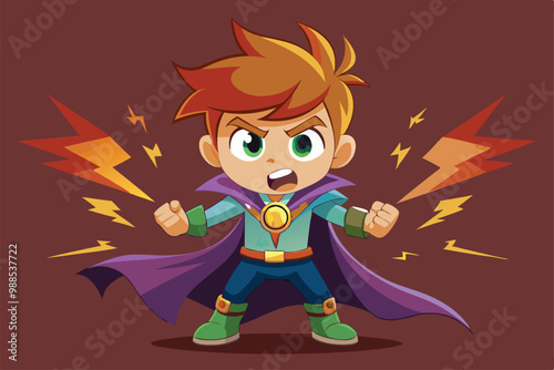 A cartoon boy shows off his supernatural powers with electric energy emanating from his hands, a cartoon character a boy supernatural powers