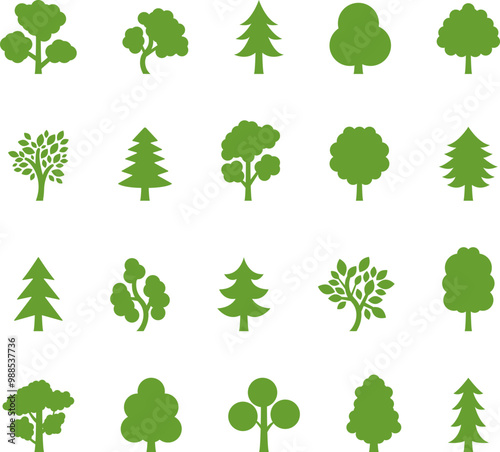 Tree icon, simple silhouettes. Flat trees set, pines, spruces, conifers and deciduous trees. Forest green tree nature plant isolated vector illustration