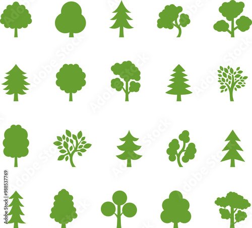 Tree icon, simple silhouettes. Flat trees set, pines, spruces, conifers and deciduous trees. Forest green tree nature plant isolated vector illustration