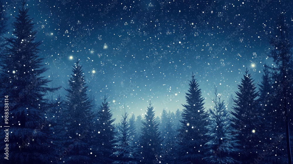 Christmas Background,Winter Night sky dark blue with starry,snowy in woodland landscape with firs,coniferous forest pine and falling snow,Vector with generative ai Christmas Background,Winter Night sky dark blue with starry,snowy in woodland landscape with firs,coniferous forest pine and falling snow,Vector with generative ai