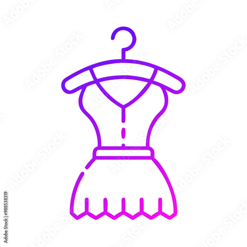 A purple dress hanging on a hanger. The dress is a long, flowy skirt with a V-neck top. The dress is purple and pink, and it has a flowy, elegant look