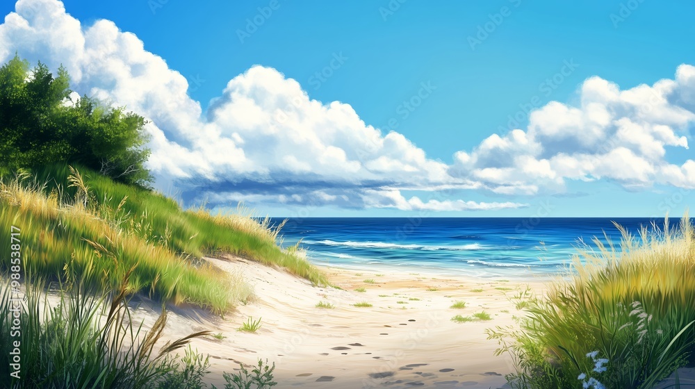 A tranquil beach during midday with soft waves, golden sand, and lush greenery, inviting relaxation and exploration A tranquil beach during midday with soft waves, golden sand, and lush greenery, inviting relaxation and exploration