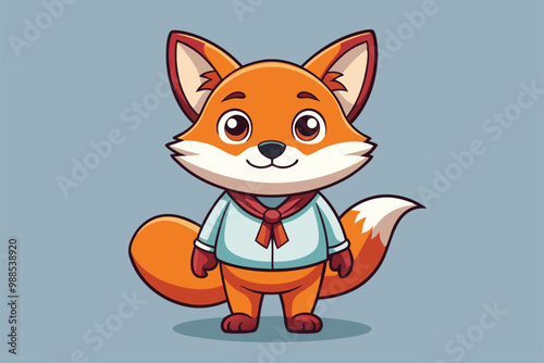 A cute cartoon fox in a shirt and scarf stands confidently, exuding charm and friendliness, a cartoon character A charming fox