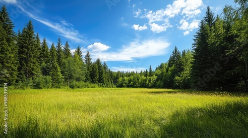 A peaceful meadow with tall grass swaying in the wind, bordered by a dense forest of evergreen trees under a bright blue sky.