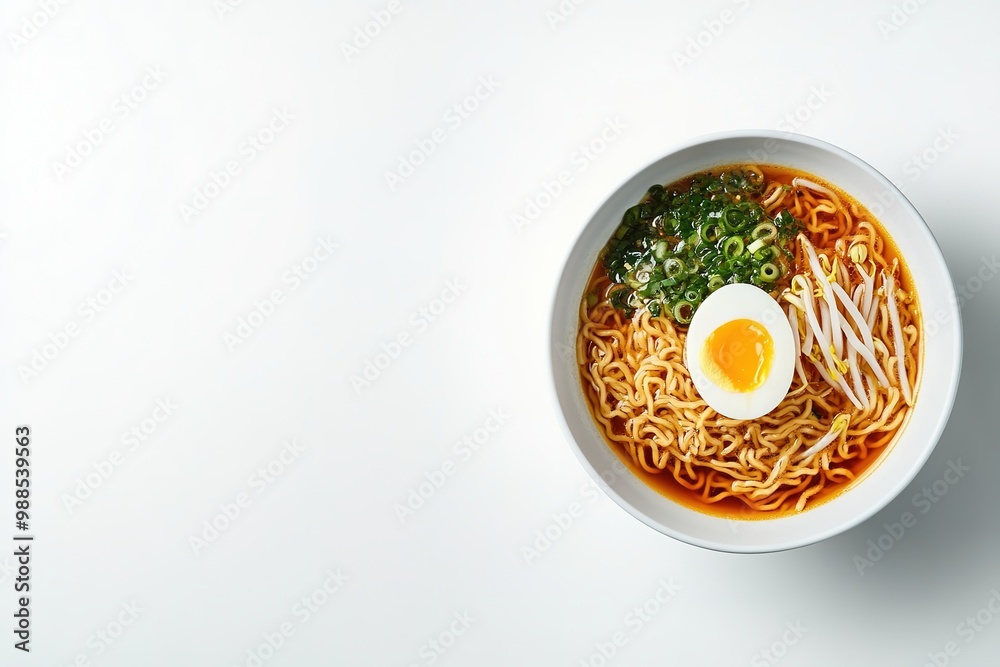 Bowl of ramen with egg on white space Bowl of ramen with egg on white space