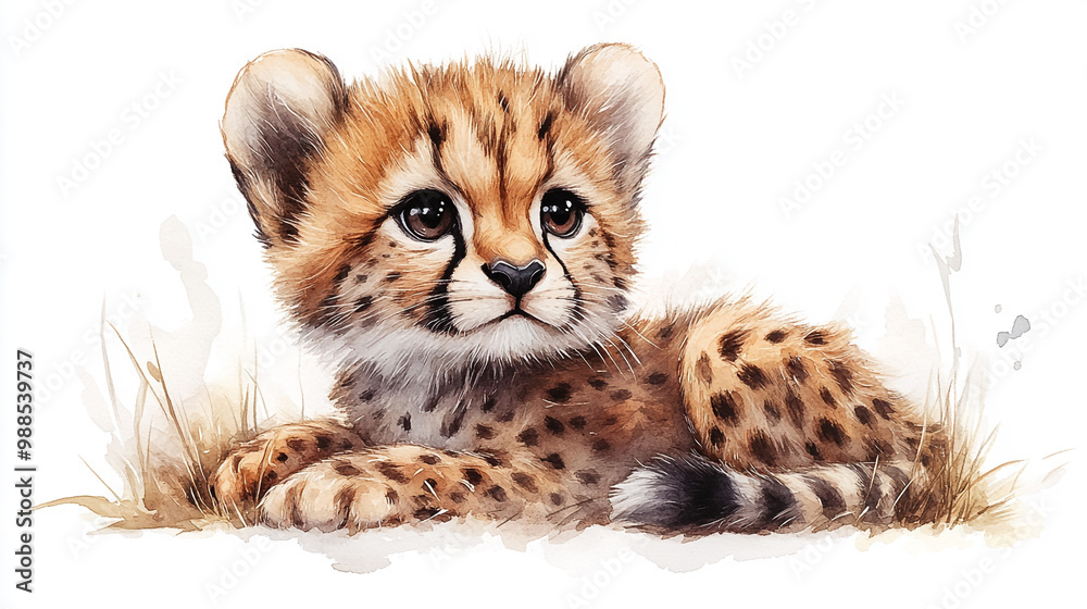 Obraz premium A charming baby cheetah rests gracefully in the grass, showcasing captivating spots and a playful expression.