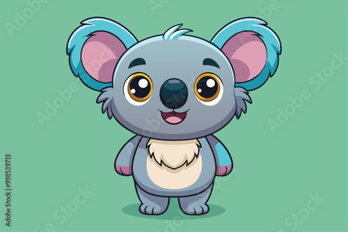 A cheerful cartoon koala character poses joyfully with a big smile and bright eyes, a cartoon character Adorable koala