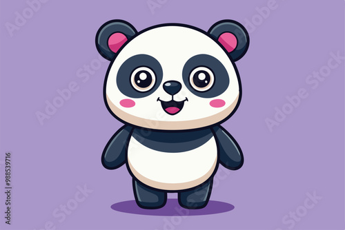 A cute panda character smiles brightly, showcasing a joyful expression on a soft purple background, a cartoon character Adorable panda