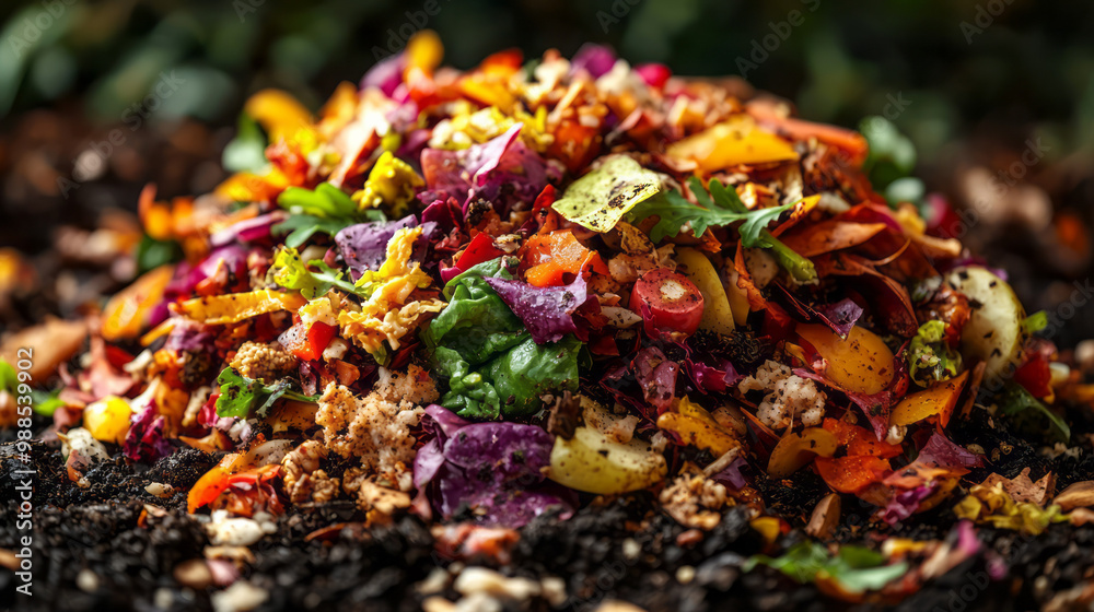 A pile of compostable food waste ready for decomposition in a garden compost bin, with leaves and vegetable scraps A pile of compostable food waste ready for decomposition in a garden compost bin, with leaves and vegetable scraps
