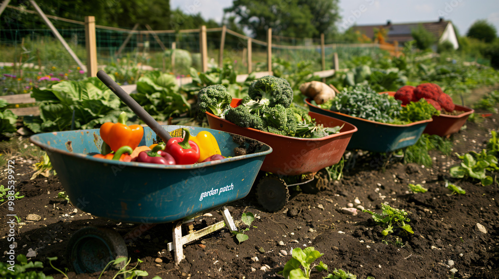 Miniature wheelbarrows holding garden patch vegetable soup. Community allotment setting. with space for text Miniature wheelbarrows holding garden patch vegetable soup. Community allotment setting. with space for text