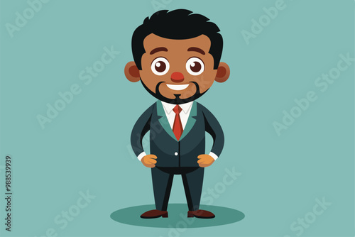 A cartoon character in a suit exudes confidence while standing in a professional manner, a cartoon character African businessman