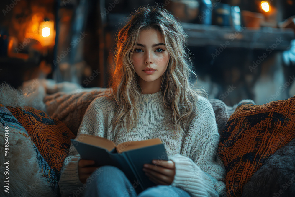 A young woman reading a book in a cozy corner, surrounded by soft pillows and warm lighting, A young woman reading a book in a cozy corner, surrounded by soft pillows and warm lighting,
