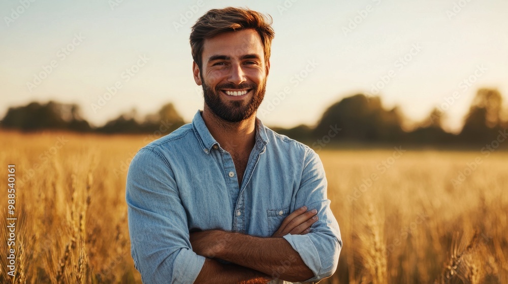 A man in a plaid shirt stands in a field with arms crossed A man in a plaid shirt stands in a field with arms crossed