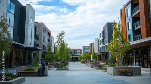 Vibrant Modern Urban Landscape with Colorful Buildings and Greenery