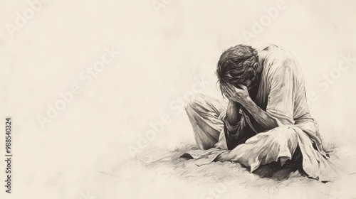 Biblical Illustration of Job’s Lament - Overcome by Grief, Reflecting on His Suffering, Beige Background