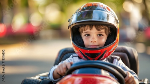 A young boy proudly wearing a helmet is driving a speedy gokart