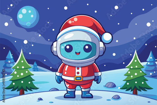 An astronaut in a Santa hat stands joyfully in a snowy field surrounded by festive trees, a cartoon character an astronaut in a santa hat standing in the snow