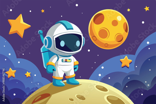 An astronaut stands on the moon, gazing at distant stars and planets in the night sky, a cartoon character an astronaut standing in moon