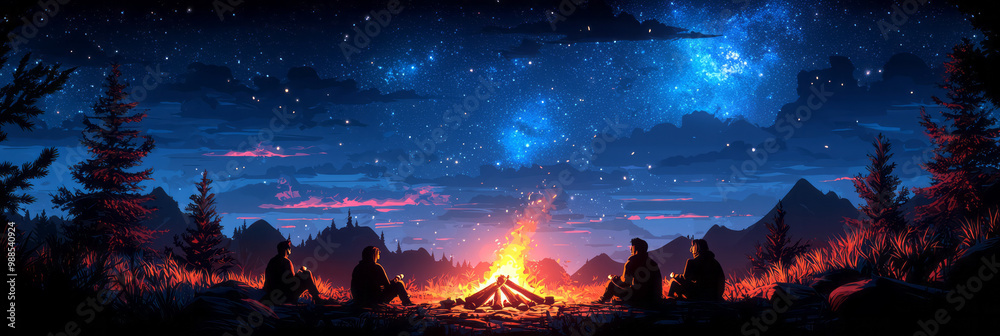 Obraz na plátně A group of friends roasting marshmallows over a campfire, their laughter echoing