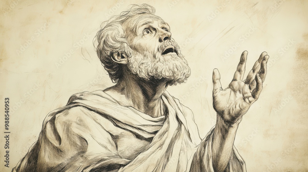 Fototapeta premium Job’s Challenge to Divine Justice - Biblical Illustration of Job Questioning Suffering and the Wicked’s Prosperity, Beige Background