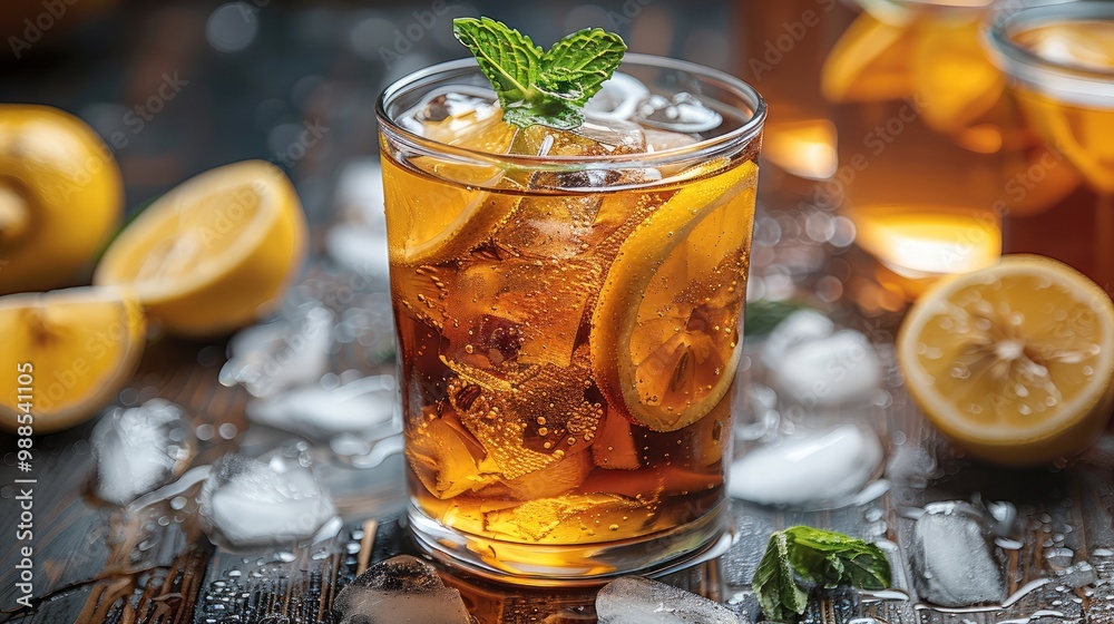 A glass of iced tea with lemon slices and mint leaves. A glass of iced tea with lemon slices and mint leaves.