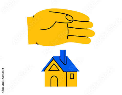 Hand drawn cute cartoon illustration of hand protects house. Flat vector real estate sticker doodle style. Mortgage or home loan sticker, icon. Housing for rent. Insurance building. Isolated.