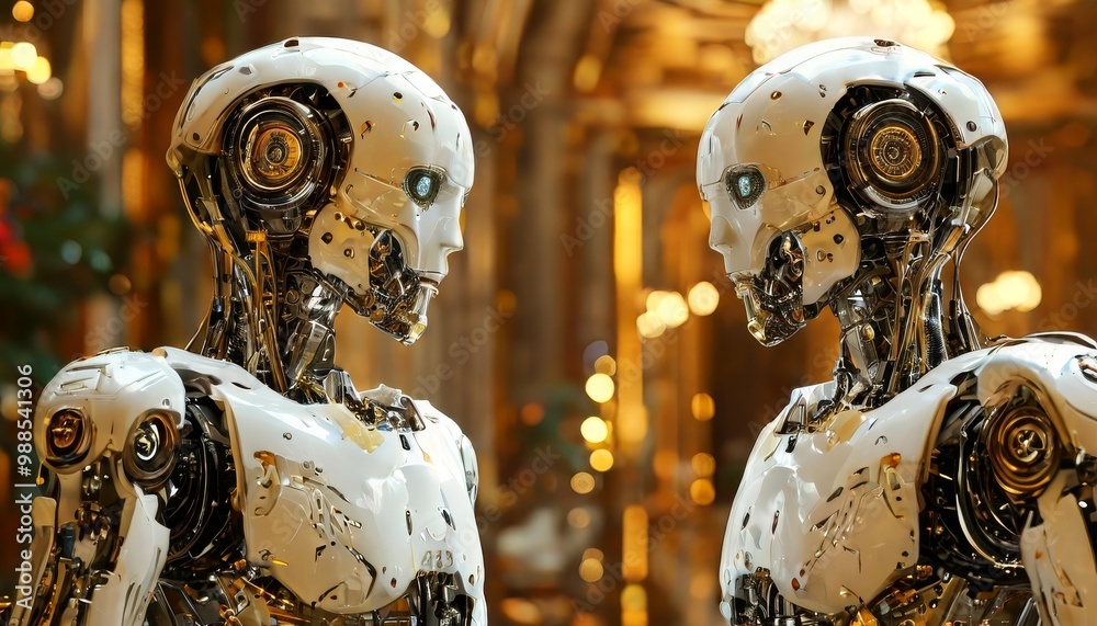 Two advanced humanoid robots stand face to face in a grand, golden-lit room, evoking themes of AI advancement and futuristic intelligence. Their reflective surfaces glimmer under warm lighting Two advanced humanoid robots stand face to face in a grand, golden-lit room, evoking themes of AI advancement and futuristic intelligence. Their reflective surfaces glimmer under warm lighting