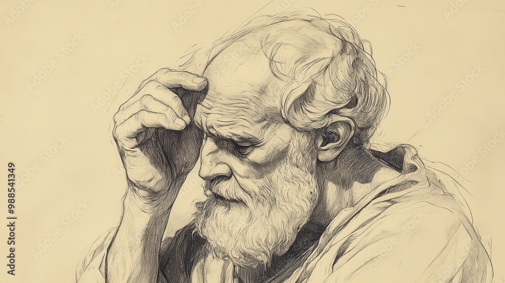 Obraz premium Biblical Illustration of Job’s Agony - Hands Trembling with Emotion While He Speaks of His Pain, Beige Background